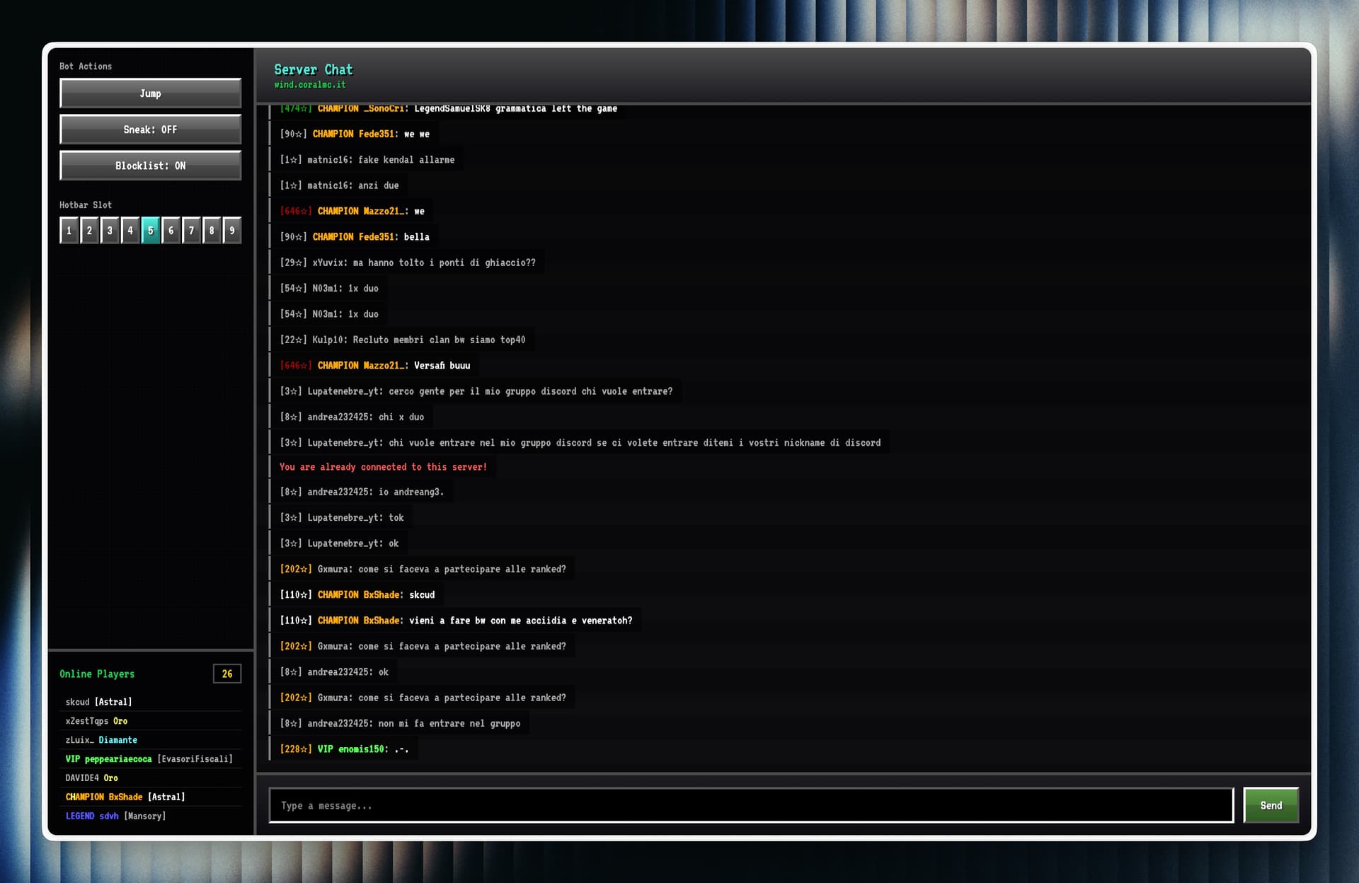 Bot dashboard showing live server chat